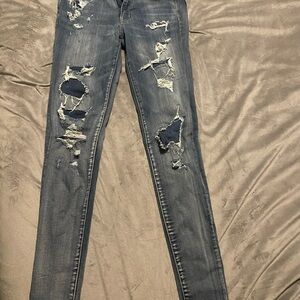 American Eagle Outfitters Skinny Blue Jeans Fashionably Distressed